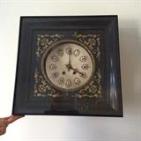 French cloisonne embellished 9 inch marble dial wall cloth with reverse painted gold leaf glass. Black painted 18 inch square case, hinged at top for access. Gong coil, 8 day. See additional photos for pricing.