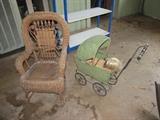 Antique Wicker Childs Rocker and Baby Buggy