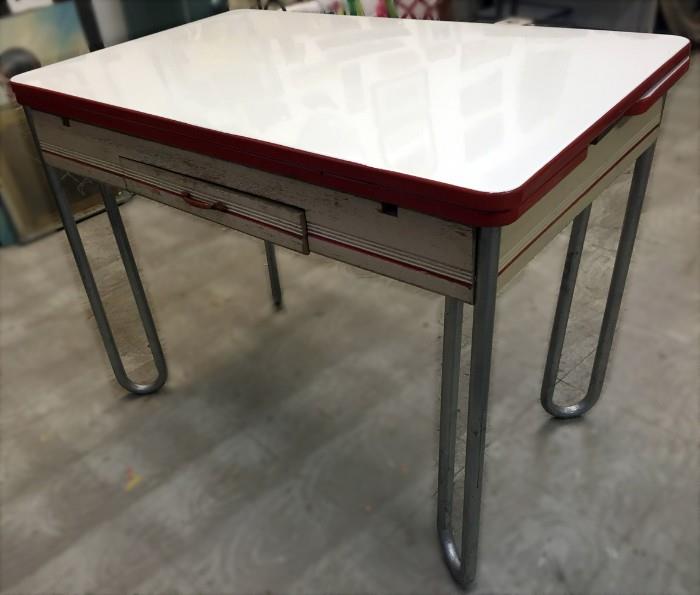 Vintage enamel top table with chrome legs