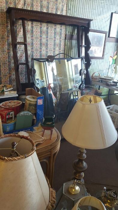 Assorted Lamps, Wrought Iron Mirror, Headboard Pieces