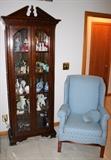 Walnut Curio Cabinet & Wing Back Chair