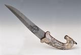 Lot 243: Mogul Style Dagger, India 
with horse head pommel, silver inlaid sheath and handle, 8 1/2" damascene blade, BID ON-LINE: www.fairfieldauction.com