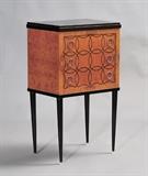 Lot 11: French Art Deco Inlaid Cabinet, burled elm with black lacquered top,  single drawer over cabinet door, signed Mercier Freres, Paris, circa 1930 BID ON-LINE: www.fairfieldauction.com