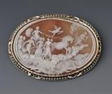 Lot 48: Large and Impressive Cameo Brooch
with classical scene and seed pearls, 4" long, BID ON-LINE: www.fairfieldauction.com