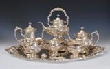 Lot 227: Exceptional Reed & Barton Sterling Silver Tea Set Francis I pattern consisting of coffee pot, tea pot, hot water kettle, cream, sugar, tray, tongs and tea strainer, BID ON-LINE: www.fairfieldauction.com
