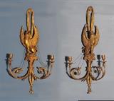 Lot 290: Pair Regency Giltwood Wall Sconces
with symetrical opposing griffins
34" long, 19th century