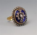Lot 87: Victorian 18k Gold Enameled Ring
with diamonds, ring size 6 1/2