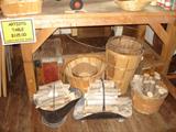 Many old bushel baskets, old coal bucket, firewood...