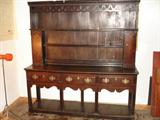 Beautiful 1801 Oak Welsh dresser...Georgian period...George III...Gothic arched cabinet doors on either side..spice cupboards...plate rack...initials on both sides..in cabinet on edge of shelf "WG*1801"