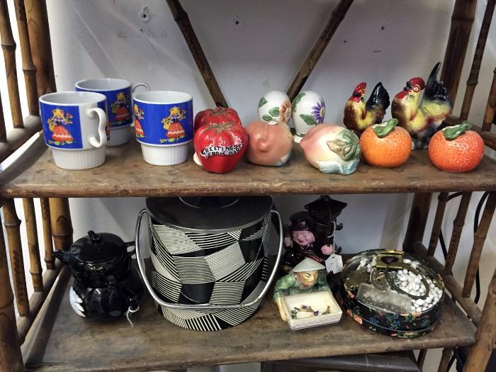 Salt and pepper shakers, mugs, ice bucket, decanter, ceramic.