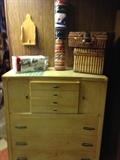 Vintage "Blond" dresser and picnic supplies. that's a new hammock in the bag!
