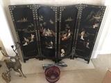 Asian enamel and ivory fireplace screen and brass deer