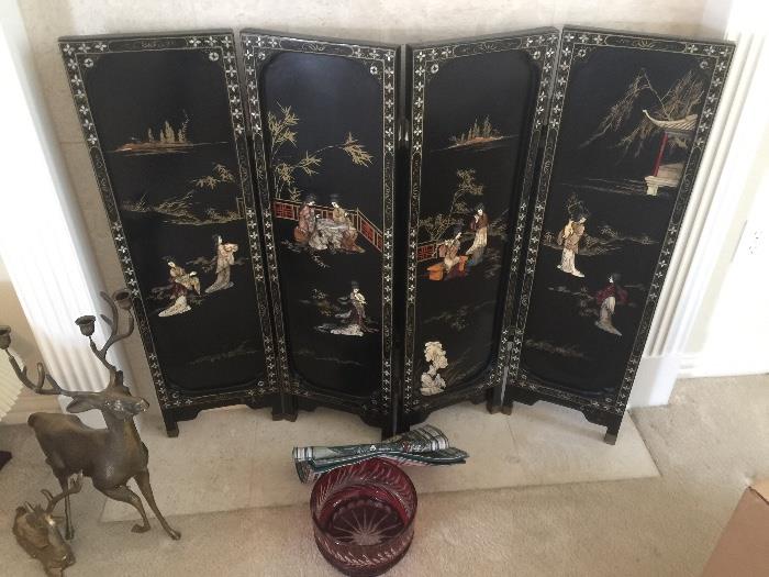 Asian enamel and ivory fireplace screen and brass deer