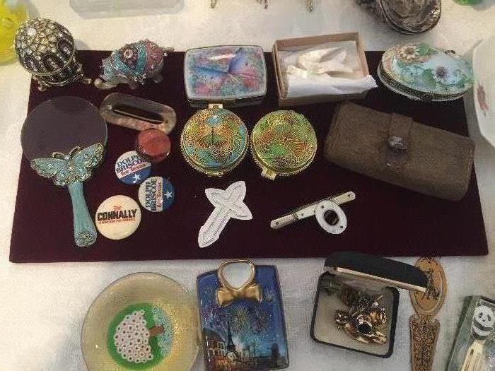 Lots of small jeweled boxes, paper weights, Unusual antique items