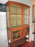 Antique Sheraton Revival satinwood display cabinet w/polychrome painted panels - gorgeous!