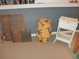 Print drawers, Indian basket, wicker sewing basket