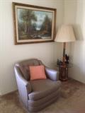 oil painting, retro chair, lamp