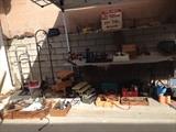 dolly, radio, sander, drafting tools, power cords, 