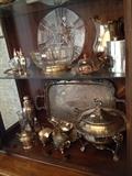 silver plate serving ware, teapots