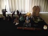 wood carved figures, sword, mid-century modern art glass