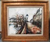 Beautiful oil on canvas piece depicting a boardwalk city view by M Brunuel.......M. Bunuel born in Alicante, Spain in 1923 studied at the school of arts in Barcelona. He is recognized as one of the leading contemporary painters in Spain... PAINTING 22" X 18"