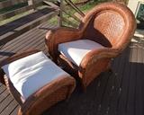 Rattan chair and footstool with cushions from Pottery Barn