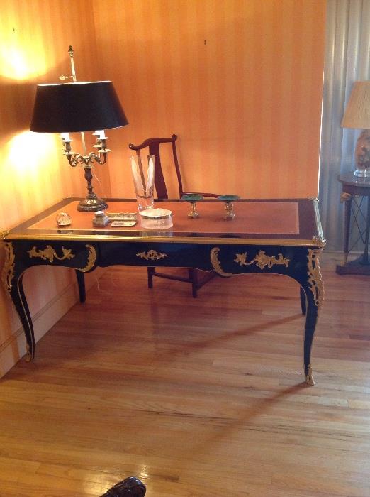 Very fine quality French style leather top writing desk with bronze ormolu, Chinese armchair, silverplate candelabra lamp with tole shade