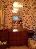 Pair of Venetian rectangular mirrors, John Widdicomb French style pair of commodes, set has nighstand and highchest