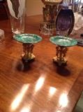 Pair of French style malachite and bronze ormolu cherub base small compotes