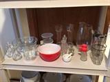 Glass Pitcher; Hand Drink Mixer, & Pyrex Red Bowl