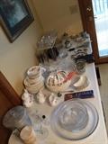57 Pc. Royal Doulton “ C Lovelly” Service For 9 & Tea Pot, Creamer, Sugar Set, Cut Glass, & Glass Bowls & Butter Containers
