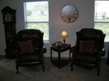 PR. LEATHER WING BACK RECLINERS, TAB LE, GRANDMOTHER CLOC K