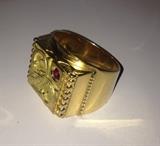 Italian made by GATTO, 18kt Gold Ring. Total weight 17.3 pennyweights or almost 1 ounce Gold. Inset with Chip Garnet.  Size 12 or 13 ring/  selling with reserve based on Verbal Jeweler Appraisal made 2/2/2016