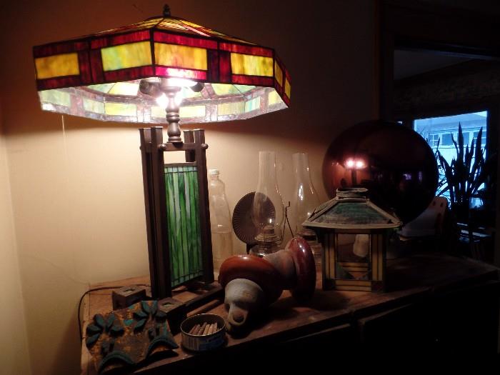 Stained glass " Prarie Style" lamp and architectural salvage 