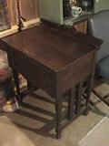 UNUSUAL WALNUT SEWING MACHINE CABINET WITH MISSION STYLE LEGS-SEWING MACHINE INSIDE(SEE OTHER PICS)