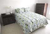 Bernhardt bedroom furniture, queen-sized bedding.