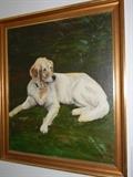 Signed Portrait of a White Labrador Retriever.
Oil on Canvas Framed. Dimensions: 24" x 29"