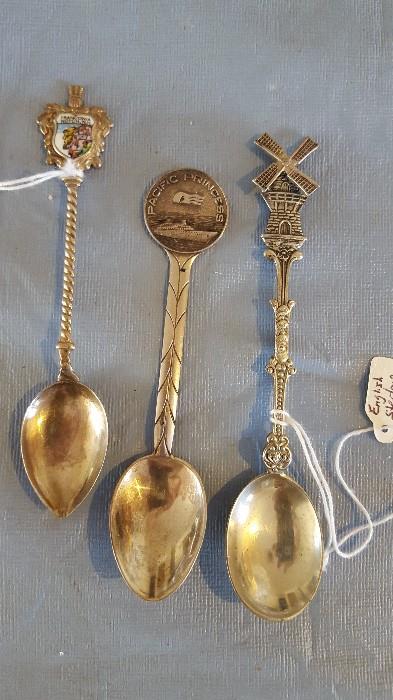 Sterling spoons. The windmill is probably 19th cent. English, but could not identify year and city marks.