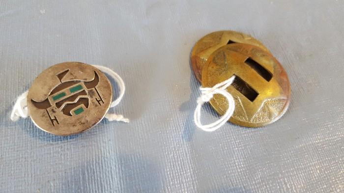Silver and turquoise bolo slide by Bennett, and pair of sterling buckles, probably antique.
