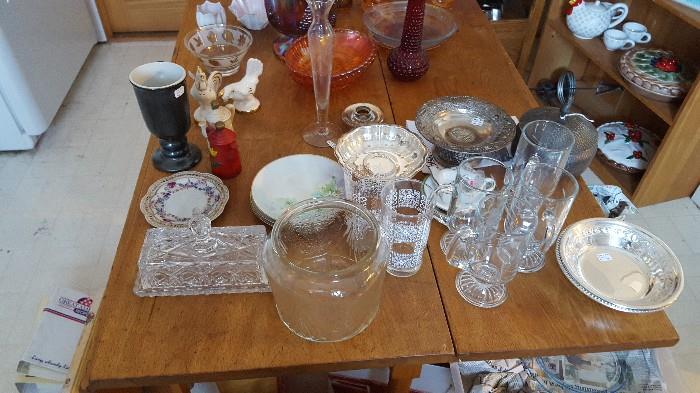 More of the glassware and some of the porcelain we have for sale. Notice also the drop-leaf table (one leaf up in the photo), which is probably over 200 years old.