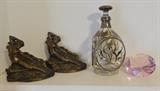 Bookends signed P Beneduce 1928, silver overlay bottle