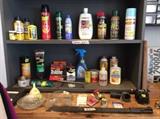 Garage - book shelf, various chemicals, bug sprays, etc