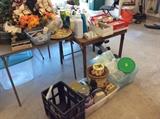 Tins, more plastic, household cleaners, silk arrangements