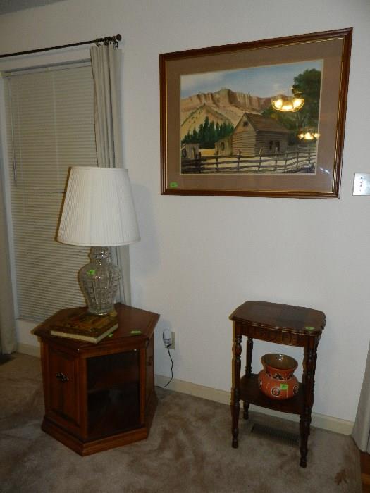 End Table, small display table, lamp, picture