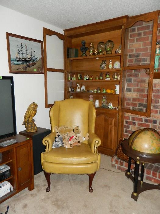 Leather Chair, Globe on stand, TV Stand, TV, Owl and other collectibles