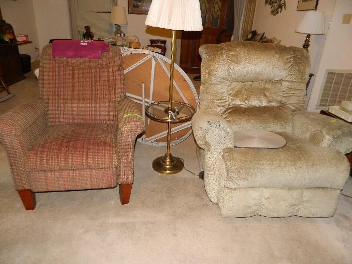 Chair and recliner, stand up lamp, card table