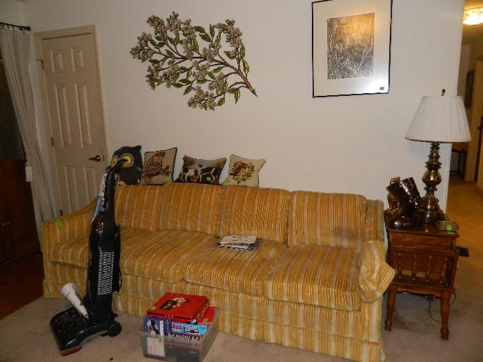 Sofa, pillows, vacuum, end table, wall arrangement, picture, lamp