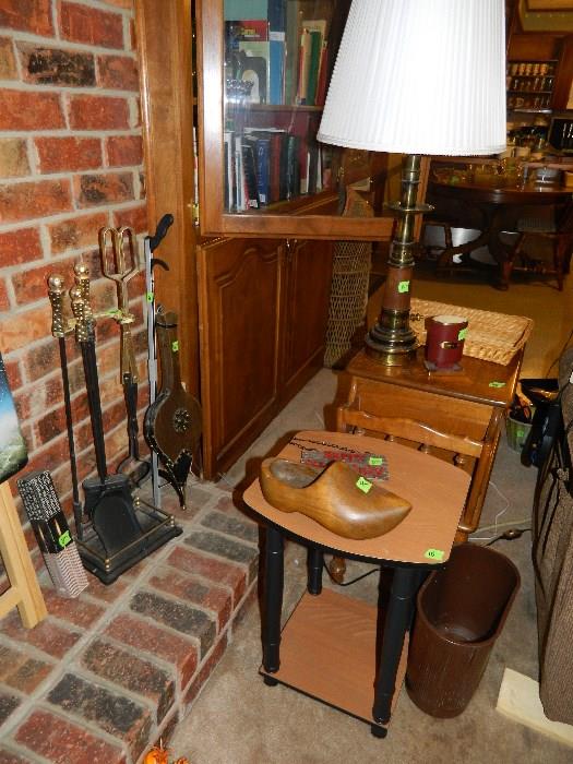 Fireplace tools, Lamp, end table, small table, Lamp