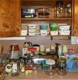 Coffee pots, covered corning ware, pyrex, jars, miscellaneous kitchenware