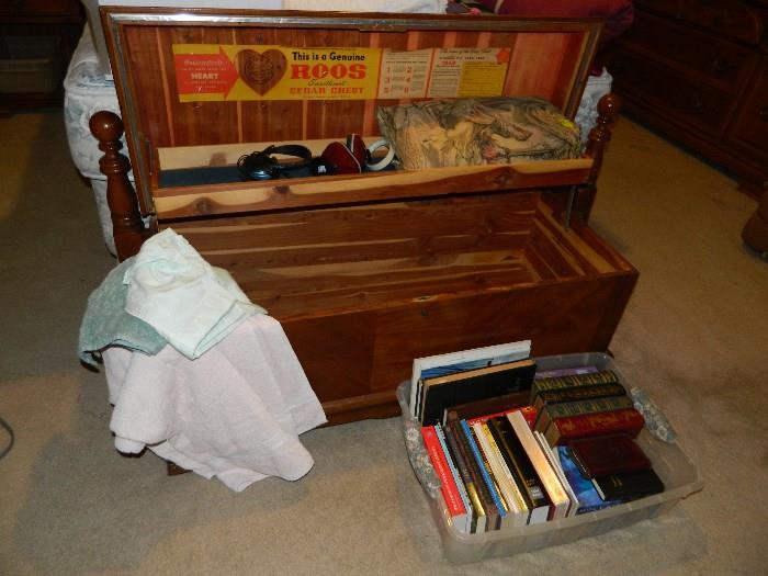 Roos cedar chest - good condition.  Books, Bibles, miscellaneous in bedroom